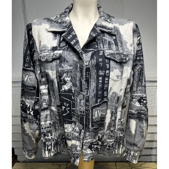 Parsley & Sage Womens Gray & Black Abstract NY City Boho Button Up Jacket India - Picture 1 of 16